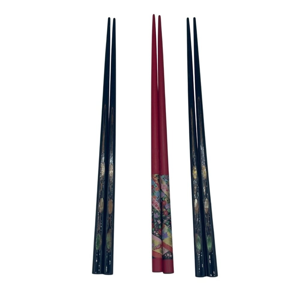 3 Sets Japanese Vintage Black Lacquer Abalone Inlay Chopsticks Mother Of Pearl